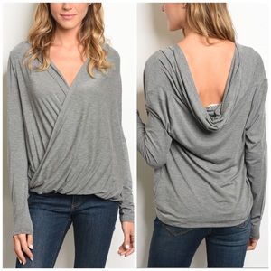 Maroonie Long Sleeve Hooded Gray Surplice Top